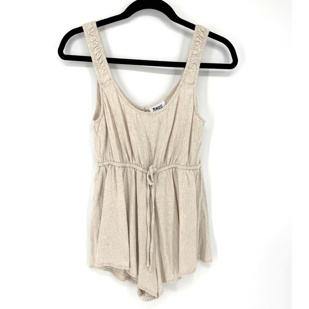 Princess Polly Romper Sleeveless Boho Size 4 Oatmeal Beige Smocked Strap Keyhole